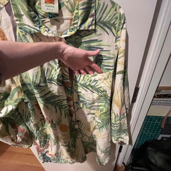 FARM RIO 100% LINEN JUMPSUIT Romper shorts long sleeve LEAVES TROPICAL M READ - Picture 4 of 12